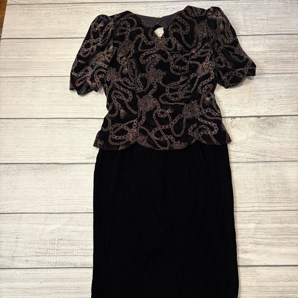 Vintage 80's Scott McClintock Black Velvet Dress Gold Print‎ Bodice Party Wear